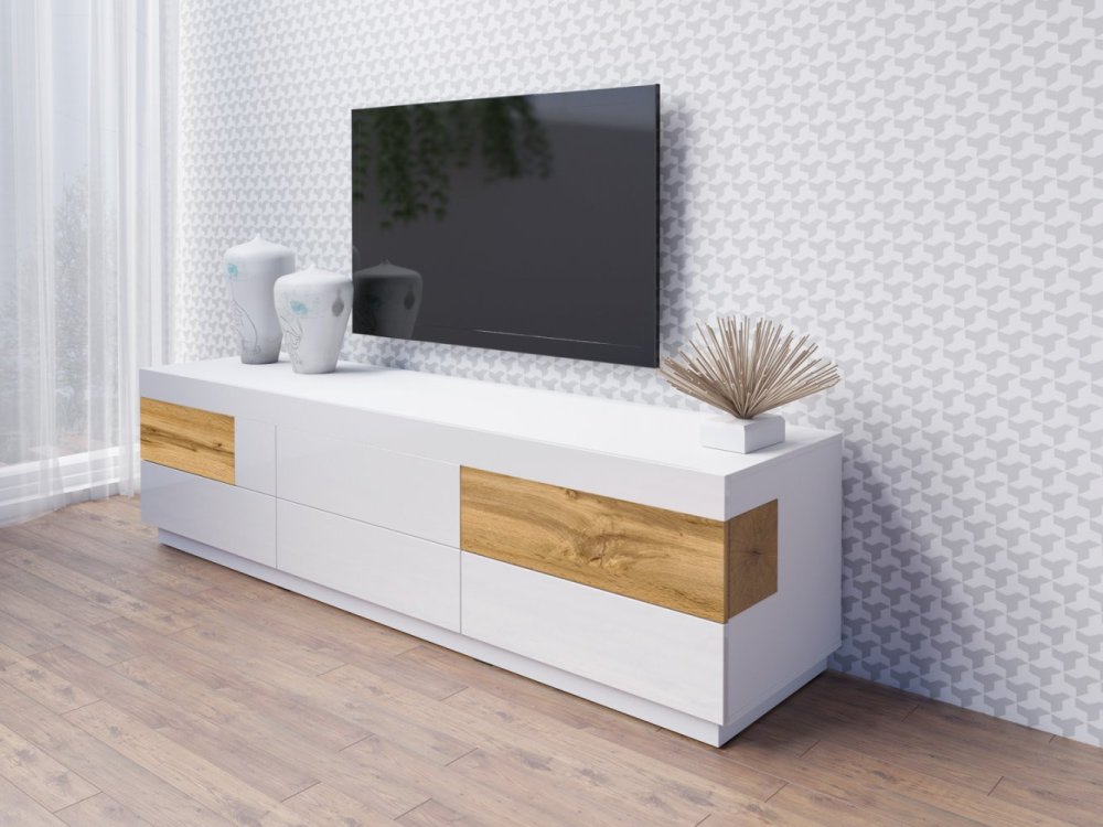Veneti Jednoduchý televízny stolík so zásuvkami SHADI, biely/dub wotan